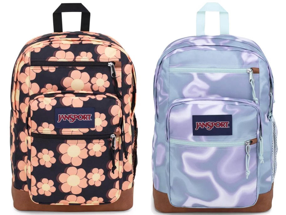 black & pink floral print and purple & blue swirl print backpacks