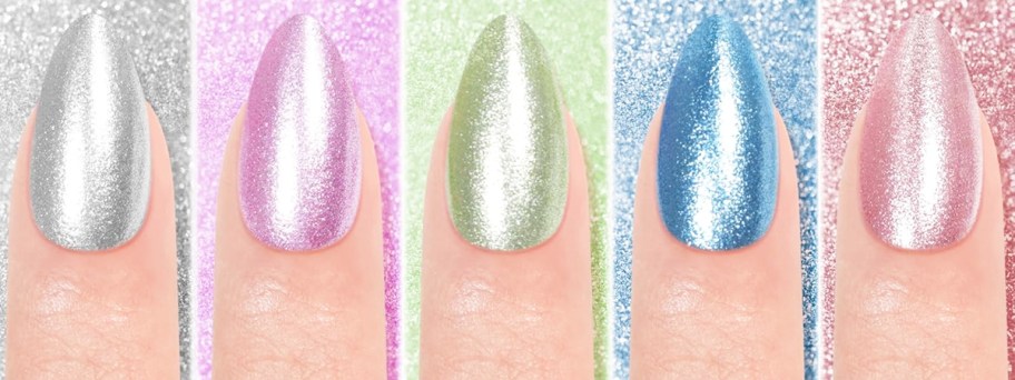 5 fingers showing the different color nails in a set