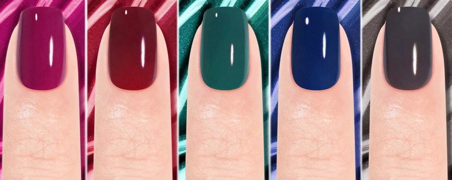 5 fingers showing the different color nails in a set