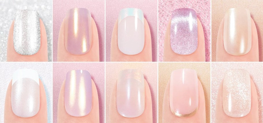10 fingers showing the different color nails in a set