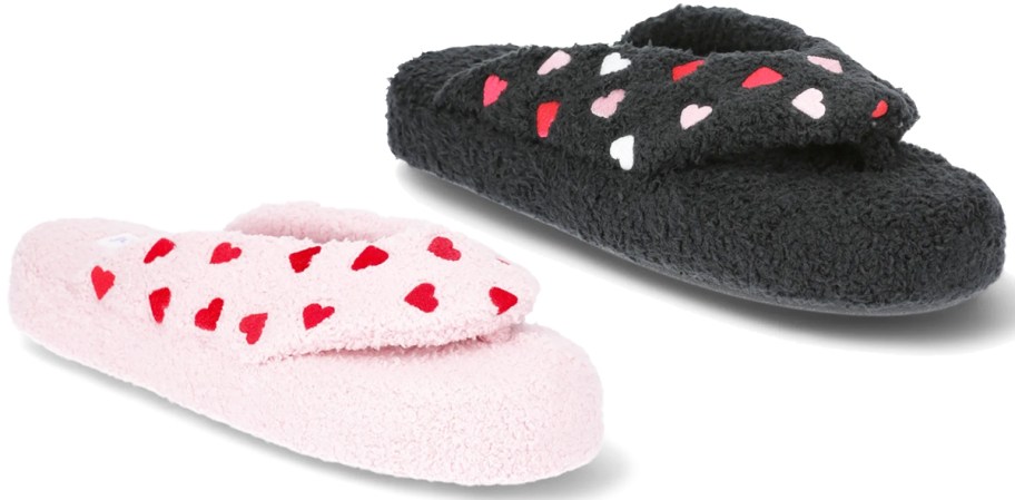 pink and black slipper sandals with heart print straps