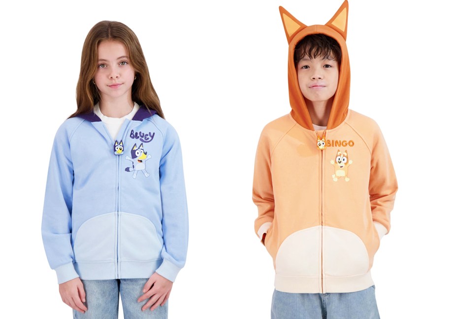 two kids in bluey and bingo hoodies