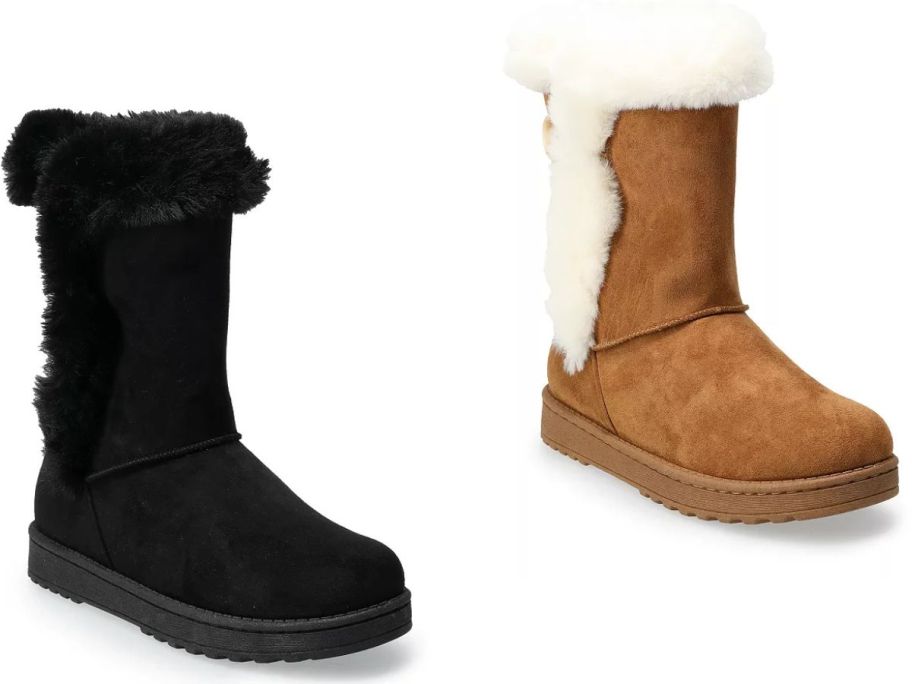 Stock images of aSO Abigail Women's Faux-Fur Winter Boots in black and tan