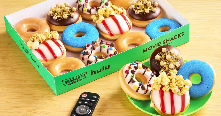 bright green box of doughnuts with doughnuts on a plate in front of it