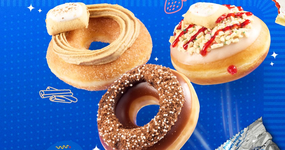 three Krispy Kreme Pop-Tarts Doughnuts on blue background