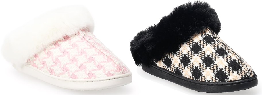 pink and black houndstooth print slippers