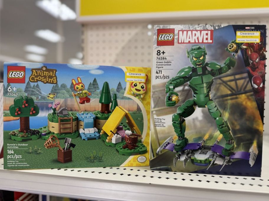 Animal Crossing and Marvel Green Goblin Lego Sets with clearance stickers on them at Target