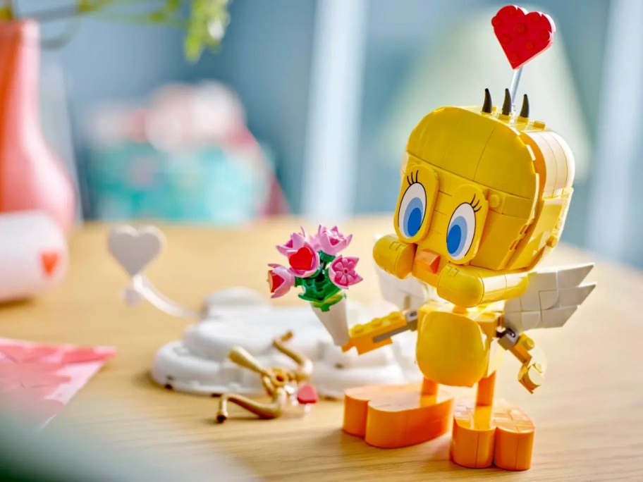 a Tweety Bird as Cupid LEGO set put together on a table