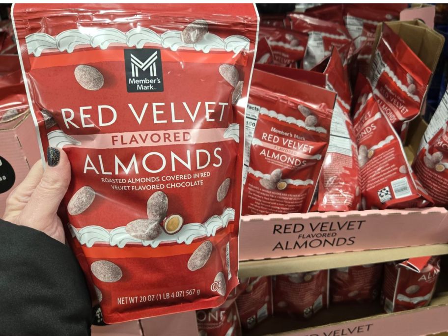 Member's Mark Red Velvet Almonds 20oz in hand in store