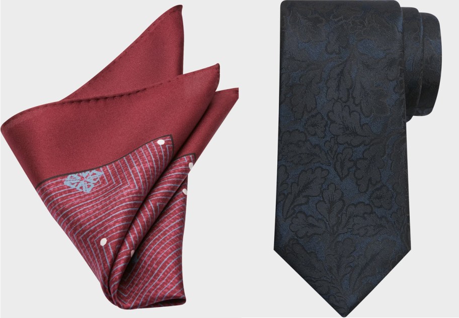 red pocket square and black tie