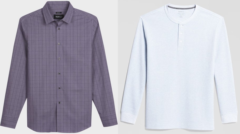 purple dress shirt and light blue henley shirt
