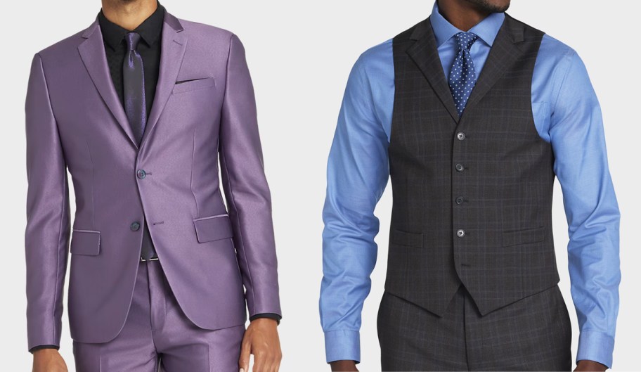 man in a purple suit and man in a black vest with blue dress shirt