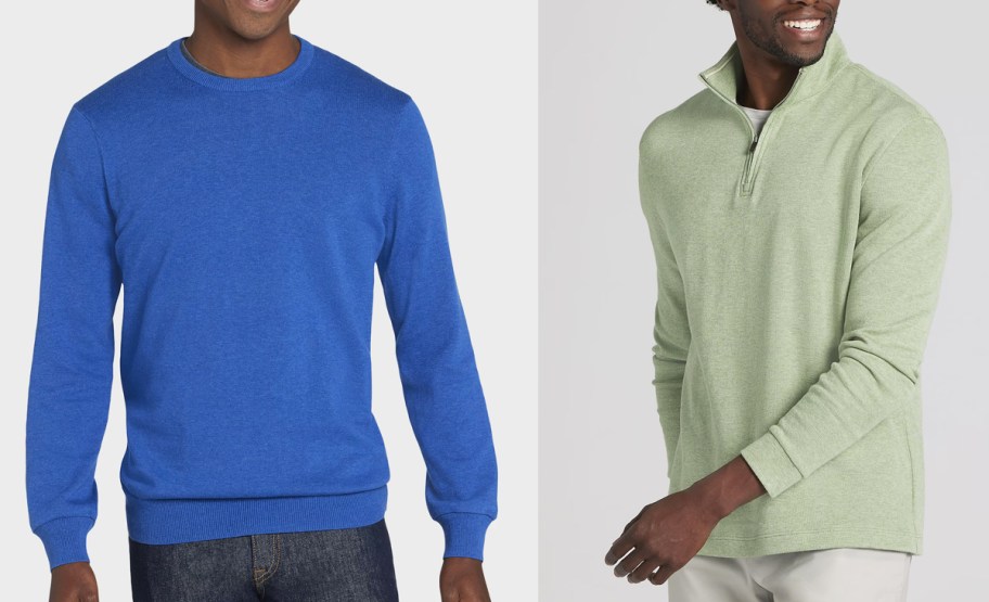 two men in blue and green sweaters