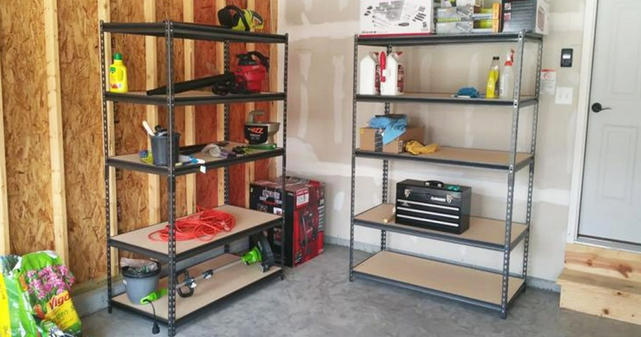 two metal storage racks in garage