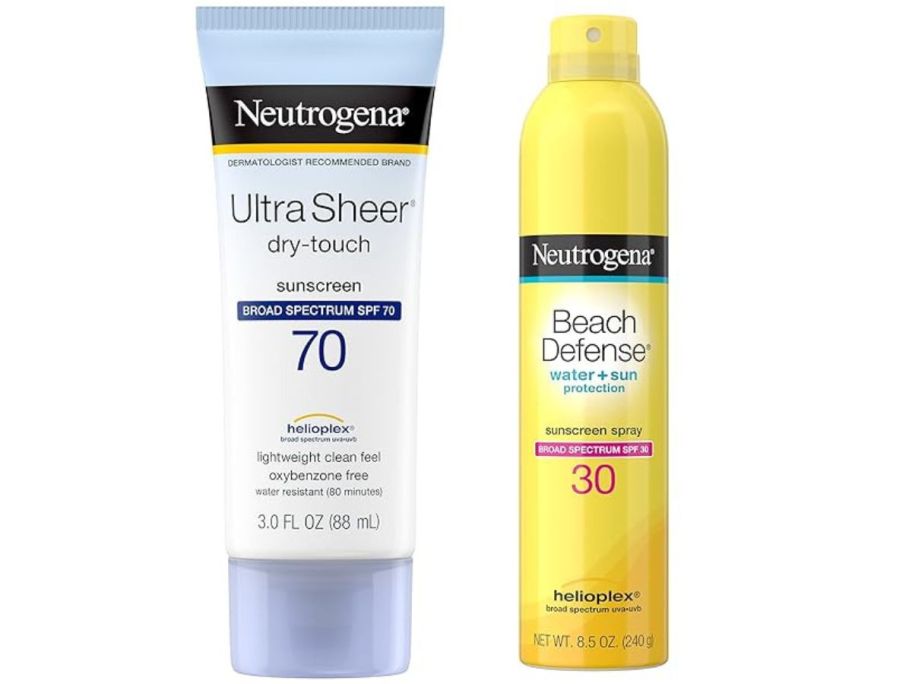 Neutrogena Ultra Sheer & Beach Defense sunscreen bottles