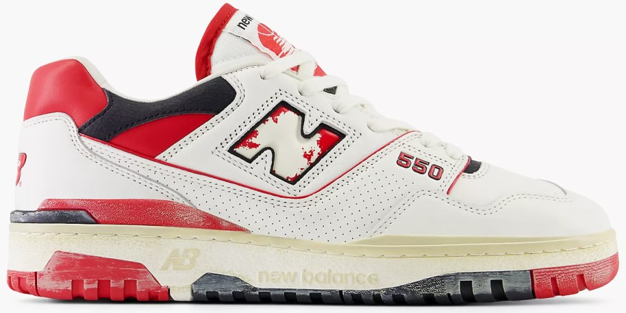 red, black, and white new balance sneaker