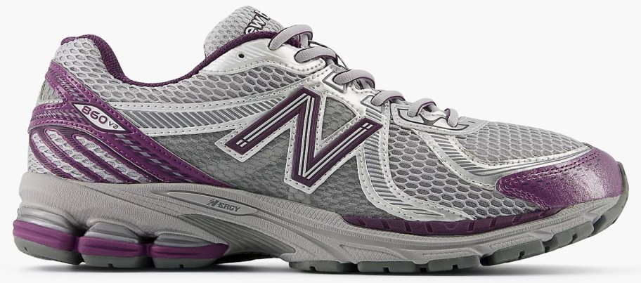 grey and purple running shoe