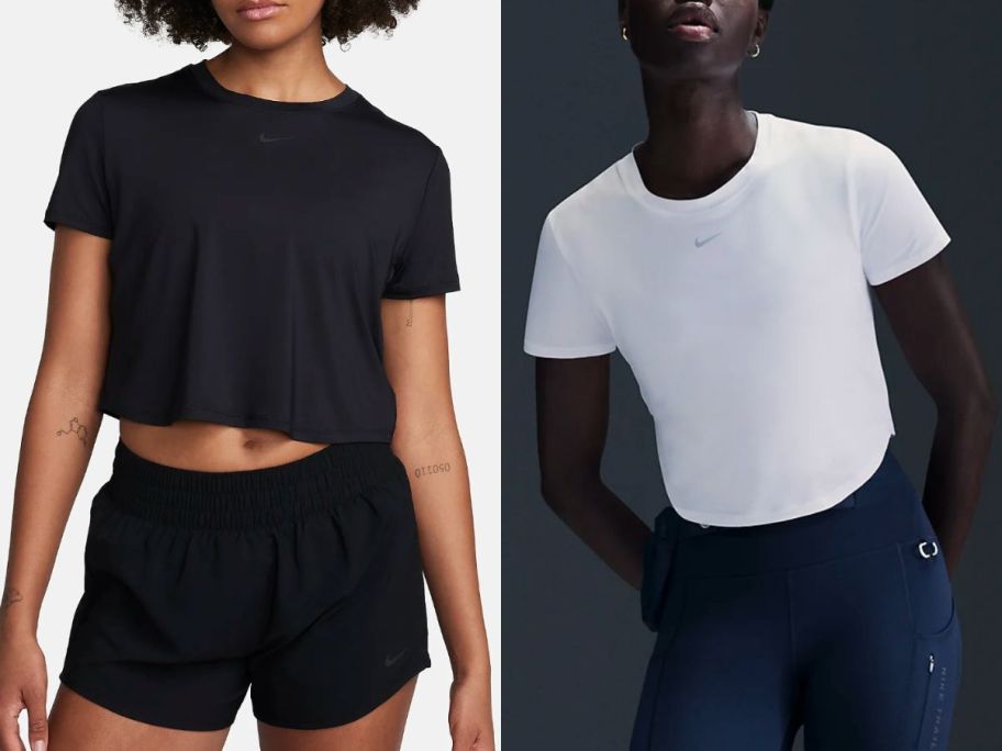 stock images of two women wearing Nike cropped tees