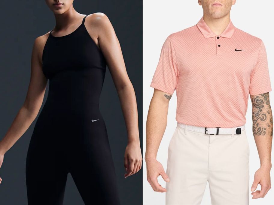 stock images of a woman and a man wearing Nike tops