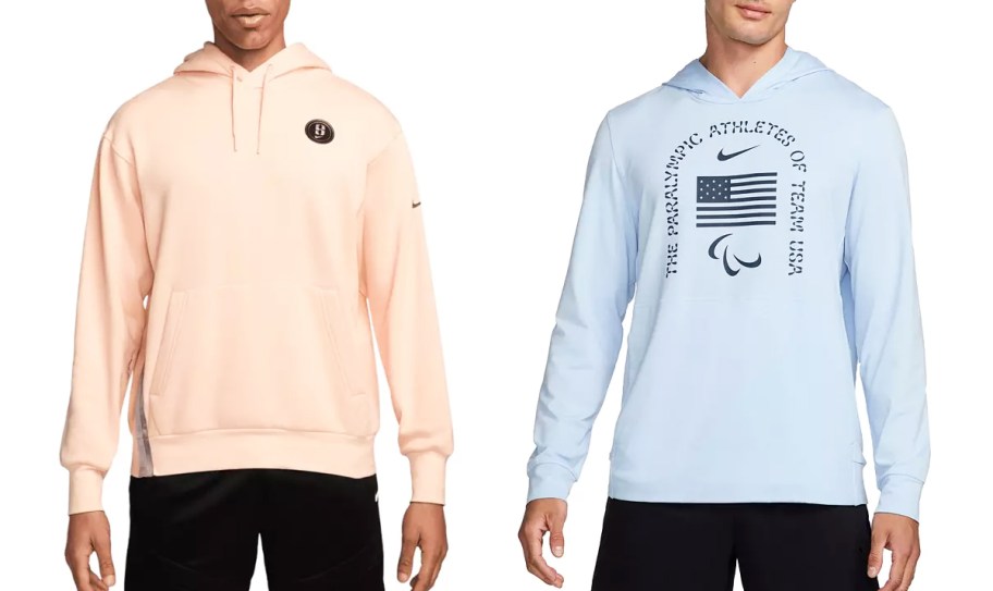 two people in light pink and light blue nike hoodies