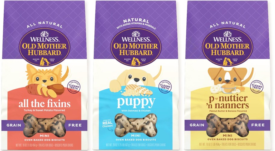 three bags of Old Mother Hubbard dog treats