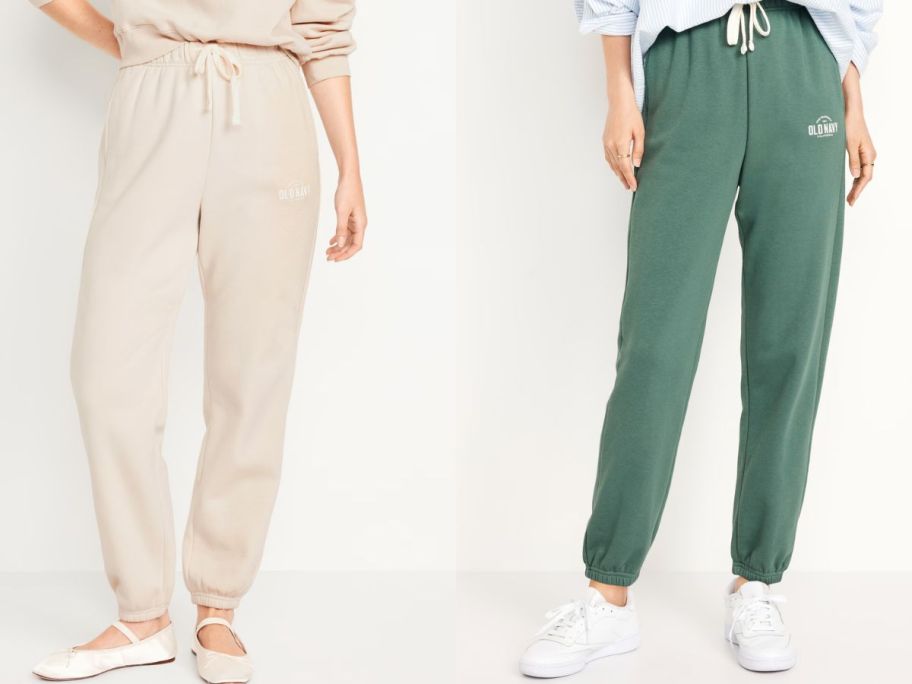 stock images of two women wearing Old Navy Women's Extra High-Waisted Logo Sweatpants 