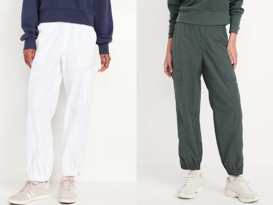 stock images of two women wearing Old Navy Women's High-Waisted Ankle-Zip Cargo Joggers