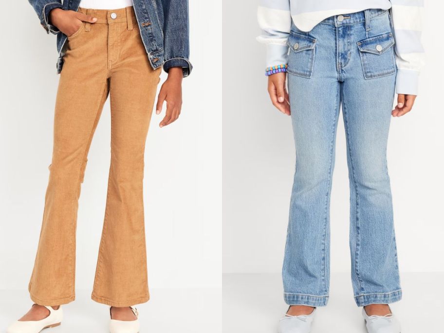 stock images of two girls wearing Old Navy Girl's High-Waisted Flare Jeans 