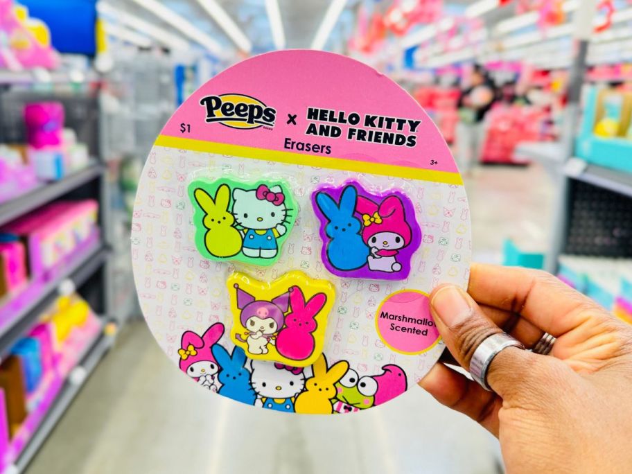 Peeps X Hello Kitty & Friends Erasers in hand in store