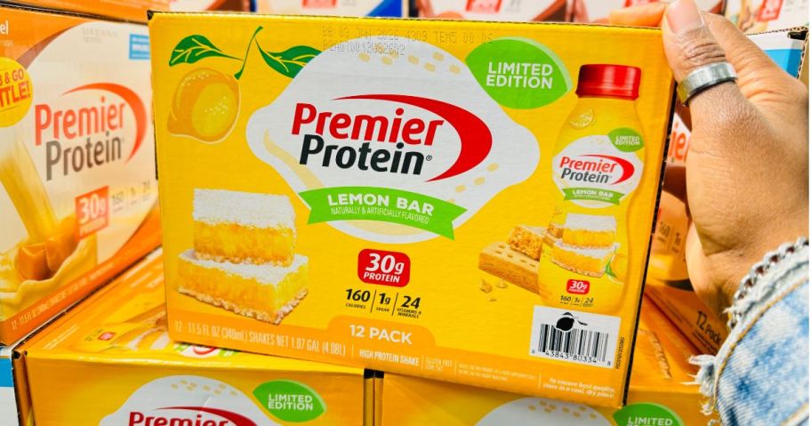 Premier Protein Shakes in lemon bar in hand in store