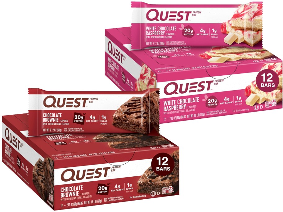 Boxes of Quest Protein Bars in Chocolate Brownie and White Chocolate Raspberry flavors