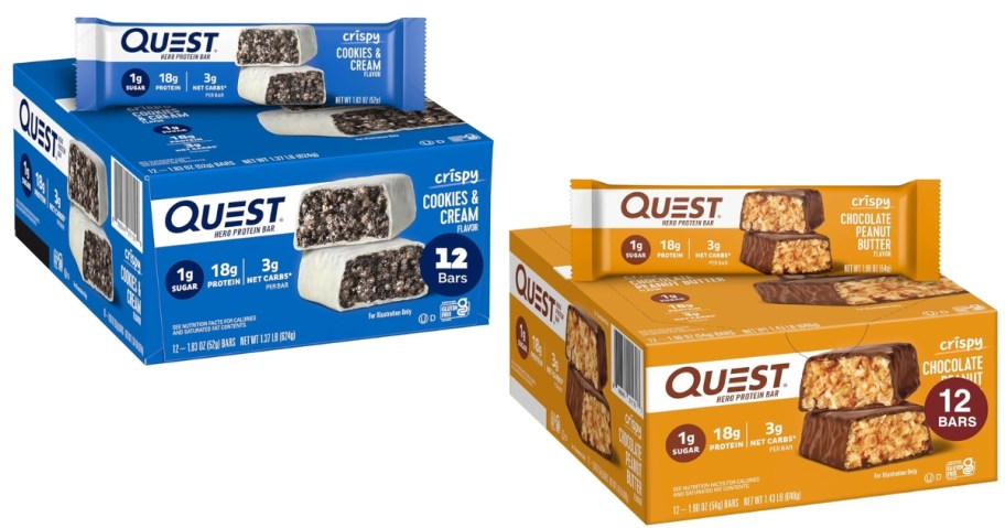 stock image of quest hero protein bars in cookies and cream and chocolate peanut butter flavors