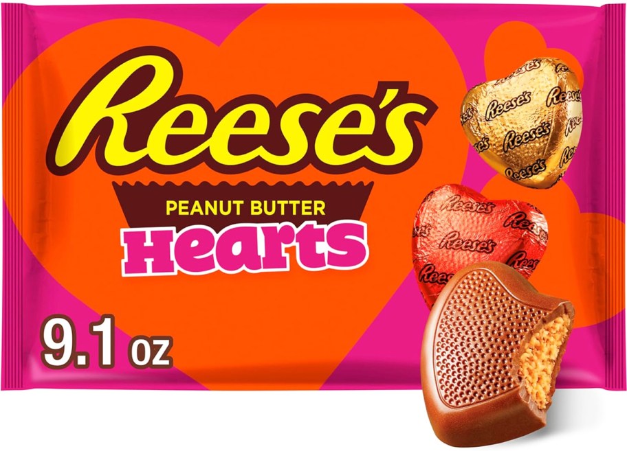 pink and orange bag of Reese's Chocolate Peanut Butter Creme Hearts