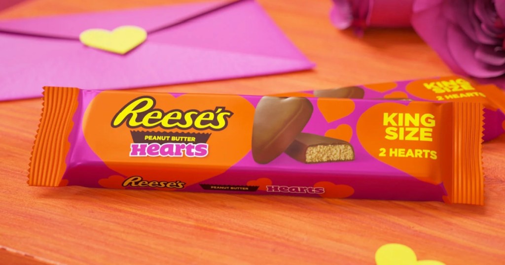 Reese's King Size Hearts on table in front of valentine's cards