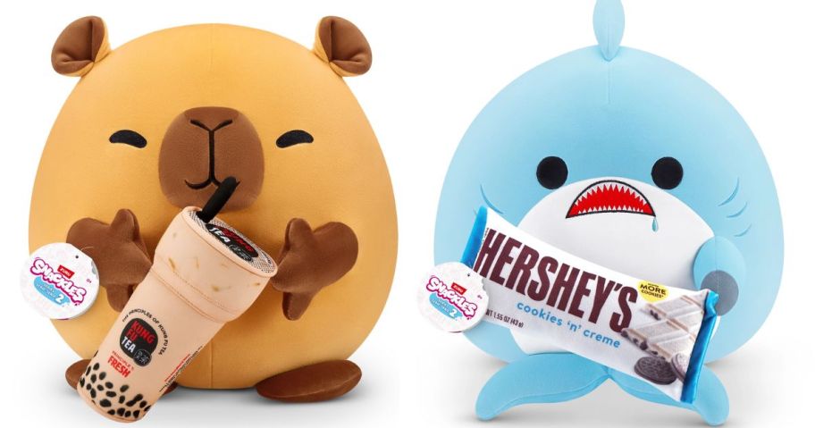 Capybara and a shark Snackles plush toys