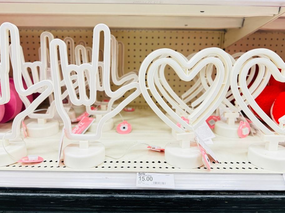 Spritz Lit Neon Heart Valentine's Day Signs on shelf in store