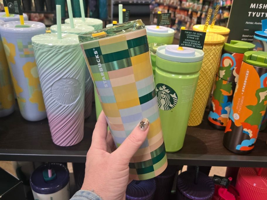 Starbucks Spring Pixel 16oz Tumbler in hand in store