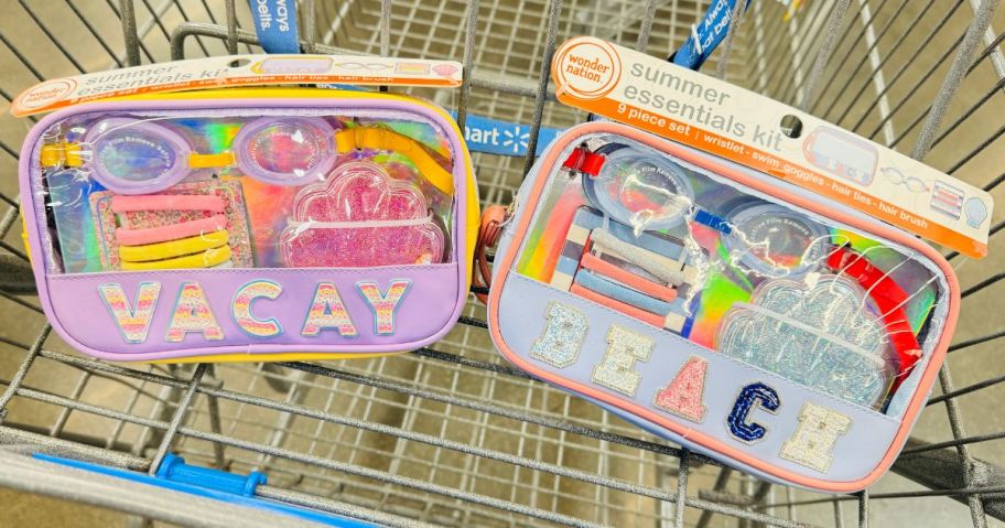 Walmart shopping cart with two wonder nation summer essentials 9-piece kits in the front basket