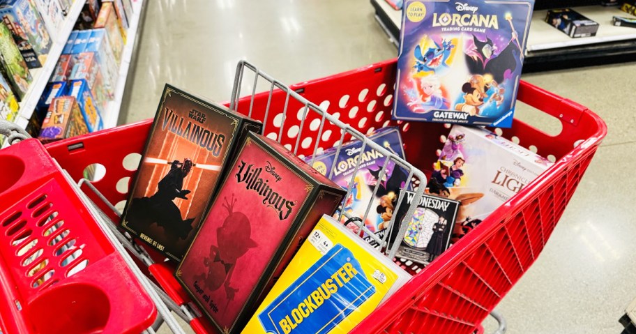 various board games in red target shopping cart