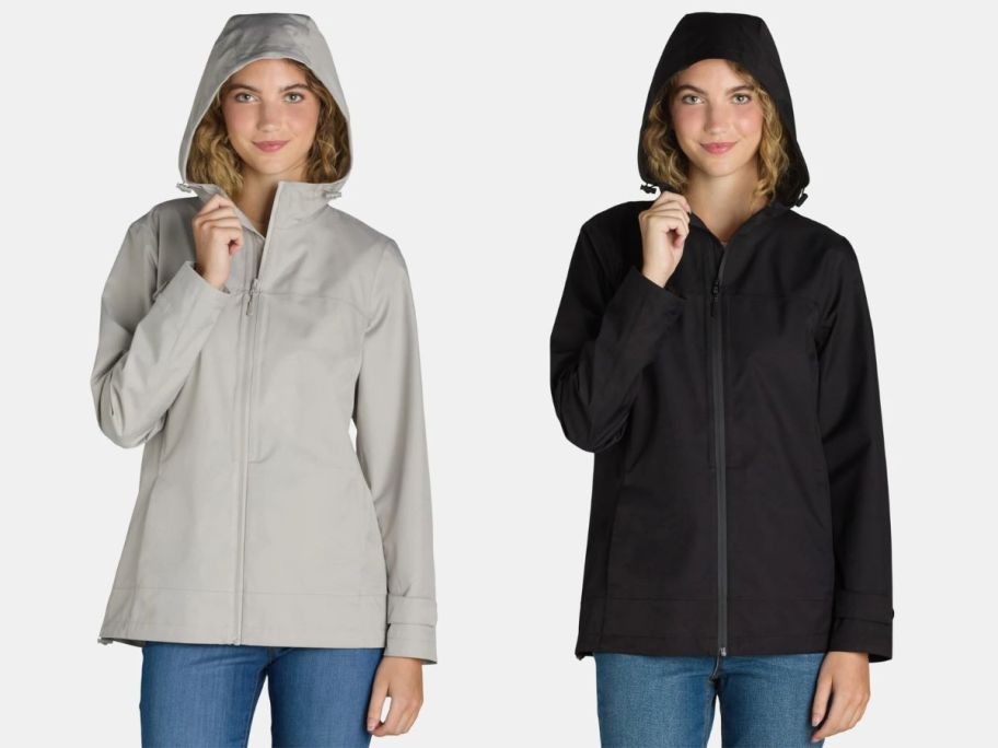 two women wearing Time and Tru Women's Waterproof Rain Jacket w/ Hood