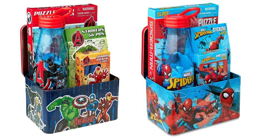 marvel avengers and spiderman tin box valentines gift set stock images