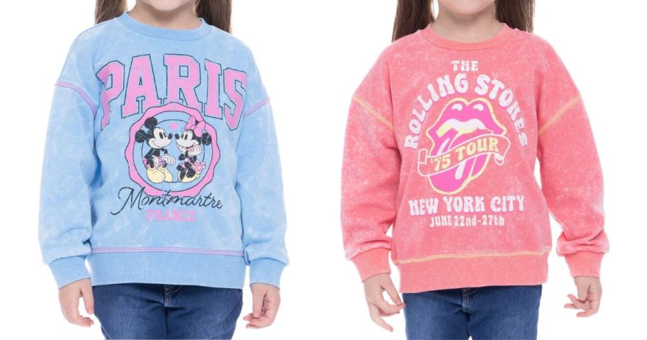 two girls wearing Toddler Girl's Graphic Crewneck Pullover Sweatshirts