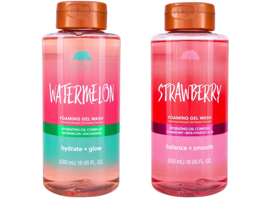 bottles of Tree Hut watermelon and strawberry body washes