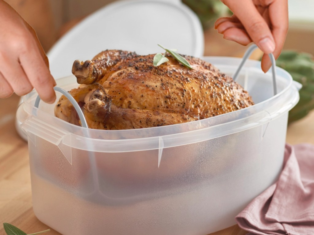 Person removing a rotisserie chicken from large Tupperware container