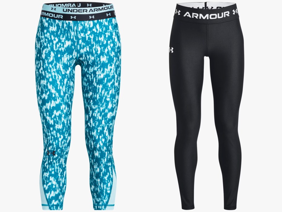 blue and black pairs of under armour leggings