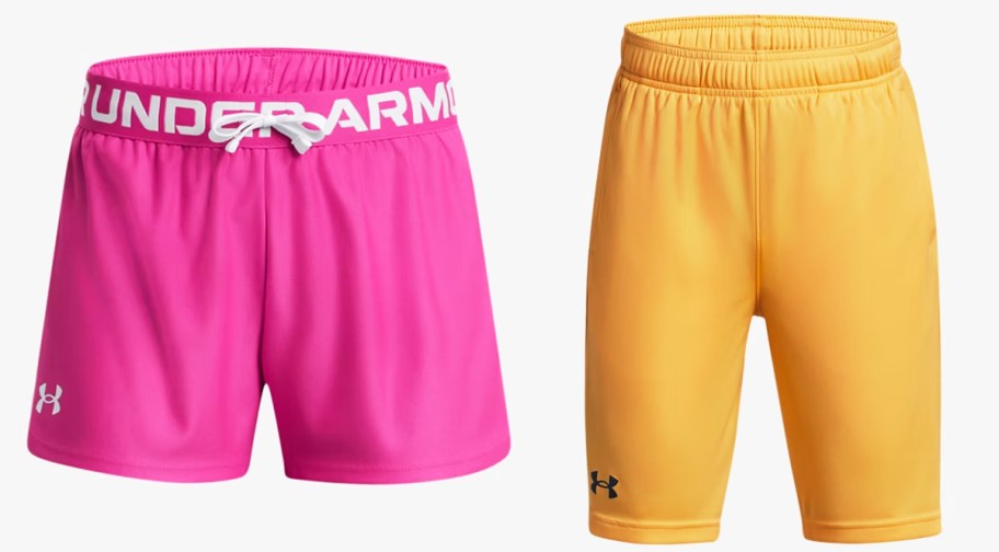 pink and yellow pairs of under armour shorts