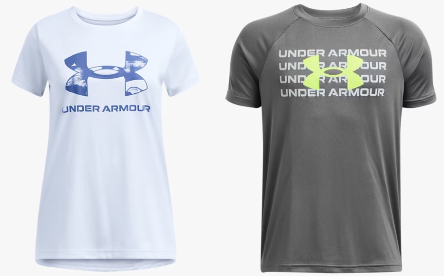 light blue and grey under armour graphic tees