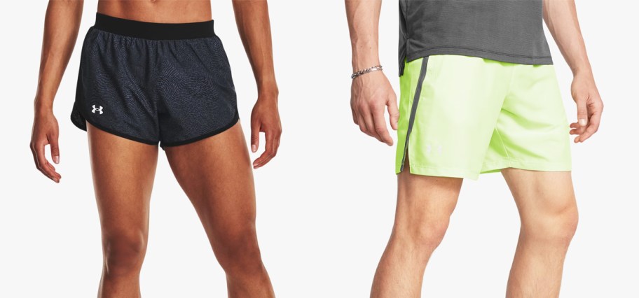 woman in dark grey shorts and man in bright green shorts