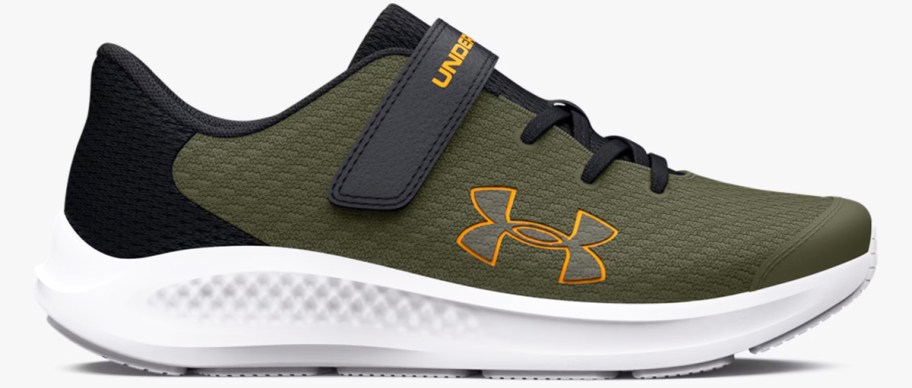 an olive green, white, navy and orange boy's Under Armour running shoe