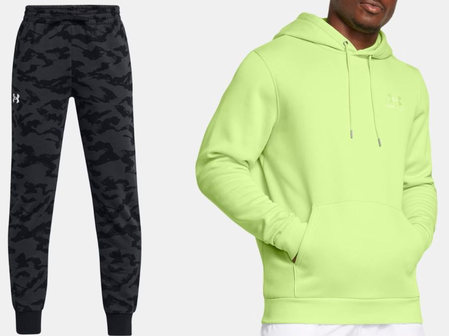 Stock images of Under Armour Boy's Fleece Jogger and man wearing a bright yellow hoodie